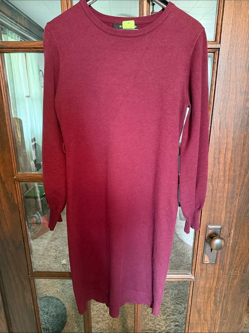 Long Sleeve Crewneck Knit Dress in Burgundy